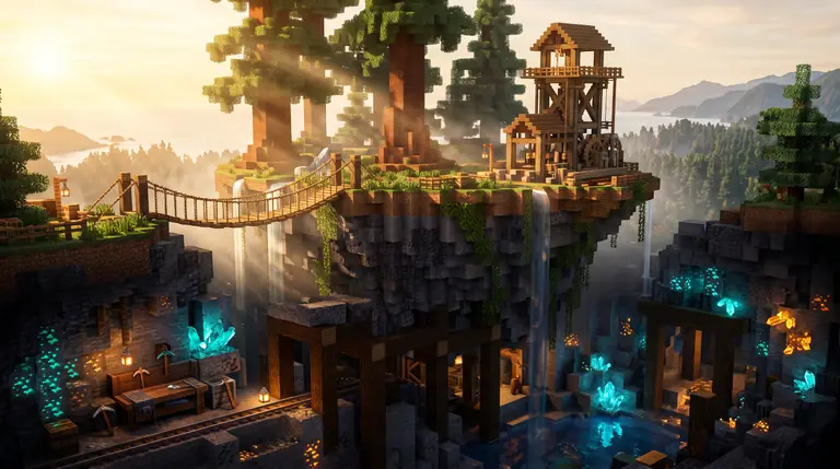 A vertical voxel landscape showing a sunlit floating sky-island of cedar trees and timber bridges above a glowing crystal cavern with mine trestles.