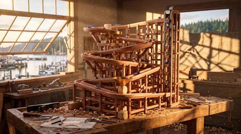 An intricate three-dimensional timber and brass marble run with spiral ramps, funnels, and a vertical elevator carrying glass and metal marbles.