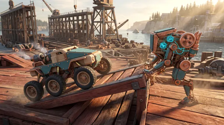 Two custom contraption vehicles built from interlocking timber blocks, wheels, engines, and glowing cyan logic gates testing their suspension on a shipyard ramp.