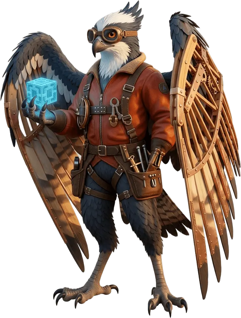 Full-body cutout of Harbra Vane, the coastal osprey test-pilot with spruce-ribbed glider wings and a vermilion flight jacket.