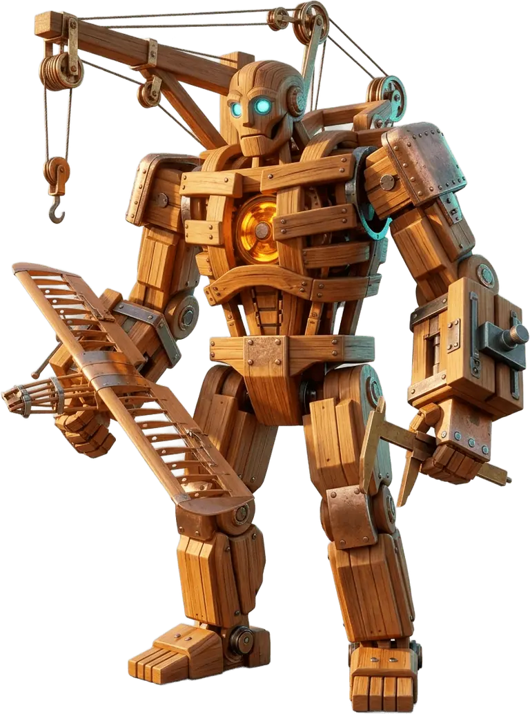 Full-body cutout of Timbor Keel, the twelve-foot red-cedar and copper master shipwright with a shoulder gantry crane and glowing amber chest flywheel.