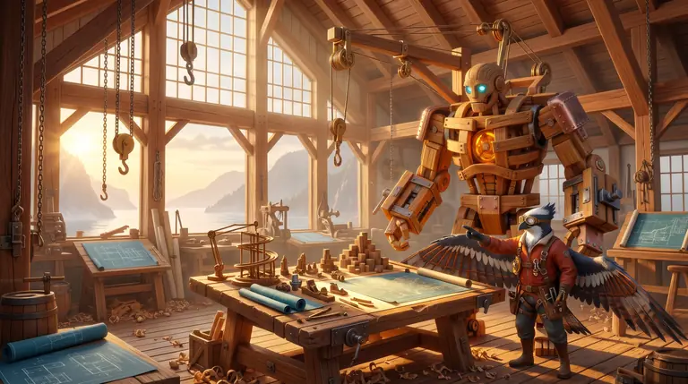 Timbor Keel and Harbra Vane inside the sunlit TimberHarbour Drafting Loft inspecting miniature wooden block-planes, marble tracks, and voxel castle models.